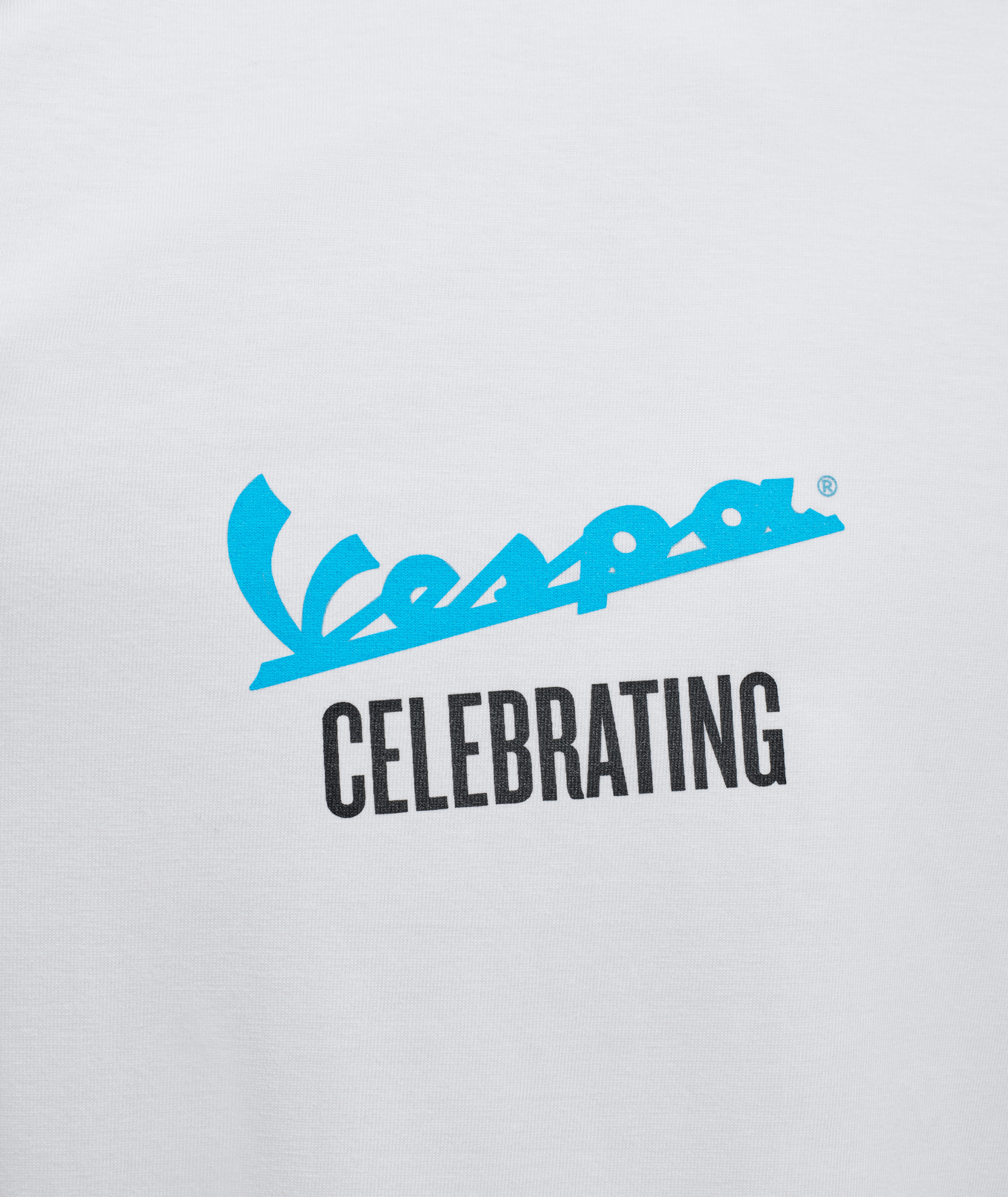 T-shirt Vespa "140 ans Piaggio" blanc bleu