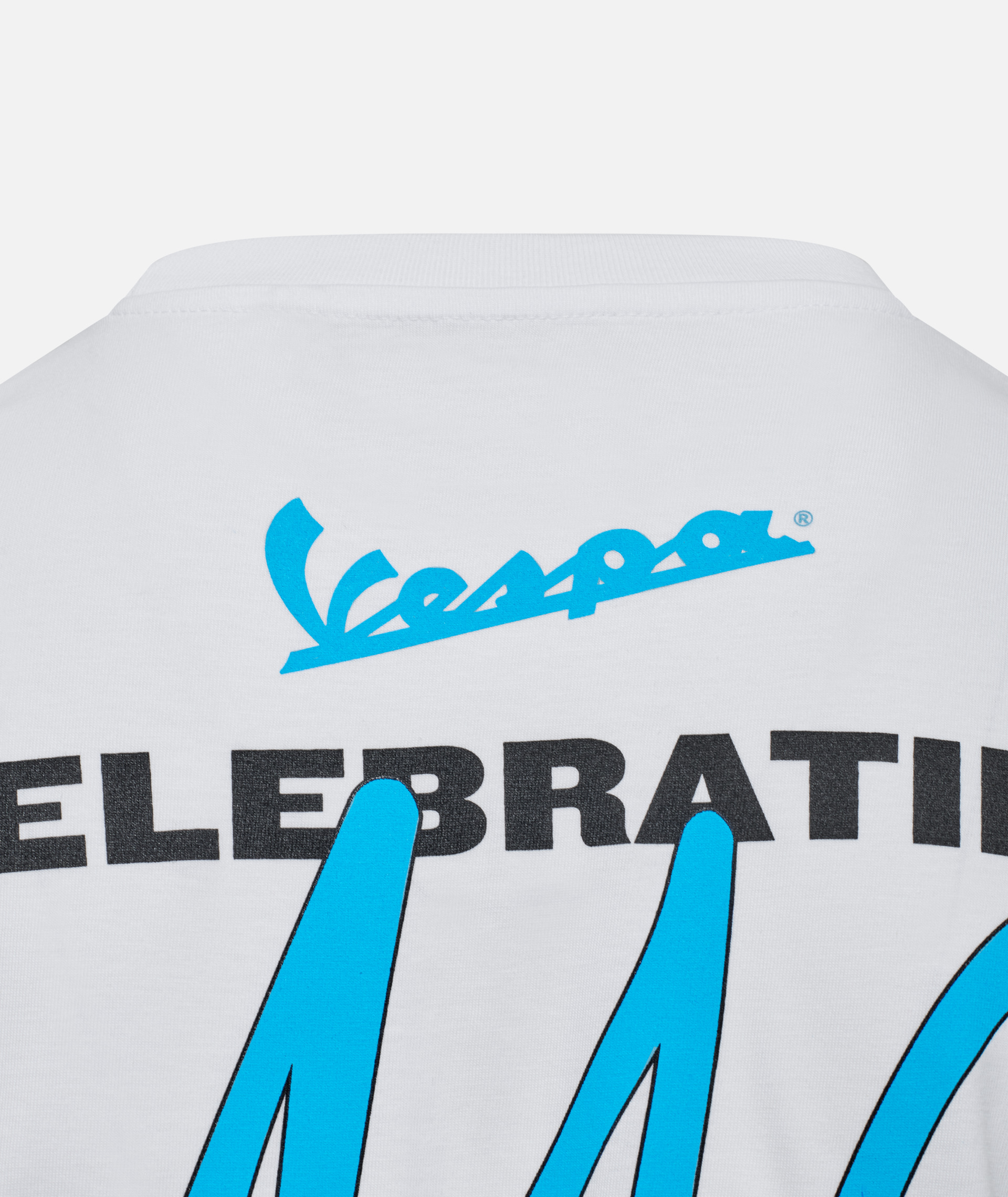 T-shirt Vespa "140 ans Piaggio" blanc bleu