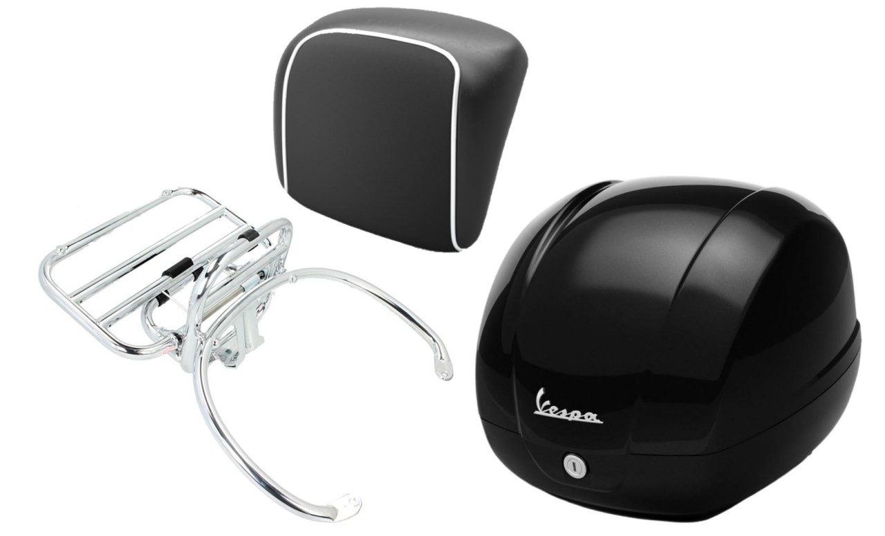Kit top case 36L nero cosmo (98/A), porte-bagages chrome, coussin dorsal noir pour GTS 125/300/310